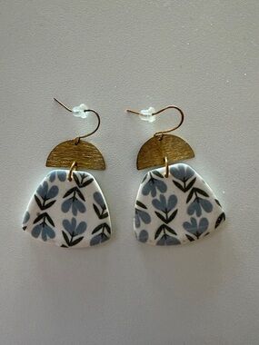 Hand-Painted Blue Floral Dangle Earrings with Gold Accent